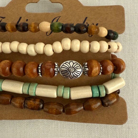 Set Of 5 Wooden Beaded Stretch Bracelets Mixed Natural Colors Bohemian Jewelry - Picture 2 of 8